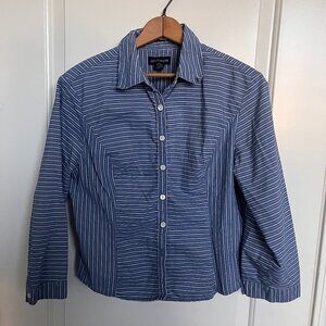 Ann Taylor LOFT Blue White Striped 3/4 Sleeve Cotton Button Up Shirt - Size L